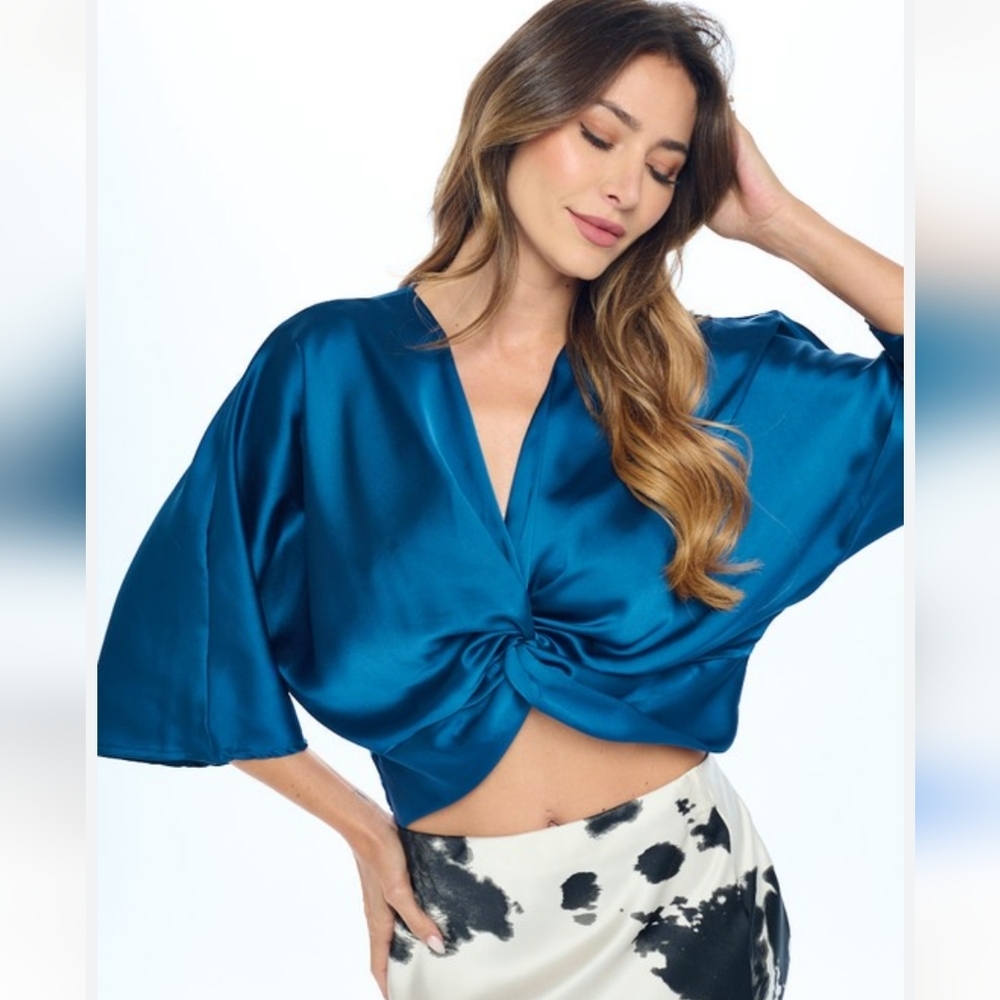 Renee C Satin Plunge Neck Twist Kimono Top Nwot Teal Classy L Wedding